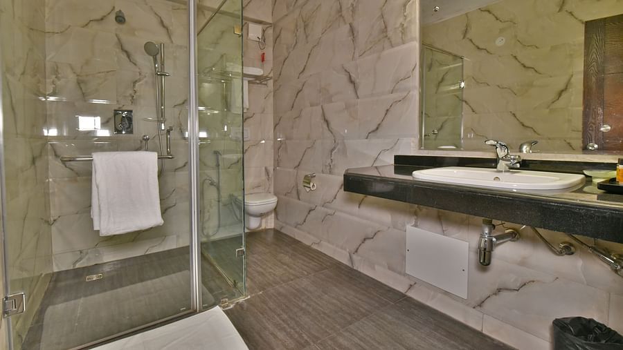 A shower cubicle with a wash basin beside it, featuring toiletries placed on the counter at DLS Hillcrest Resort, Shimla.